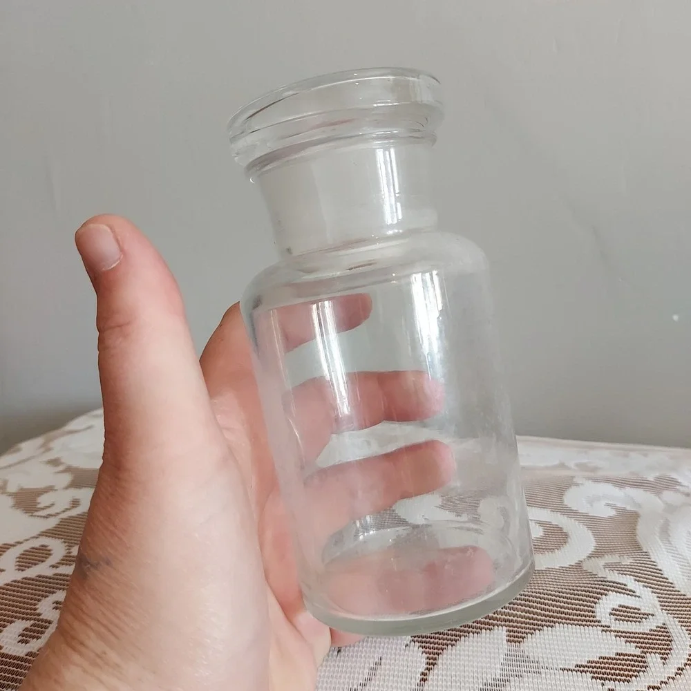 Vintage Clear Glass Apothecary Jar with Ground Glass Stopper 5.5x2.75 Lab Bottle
